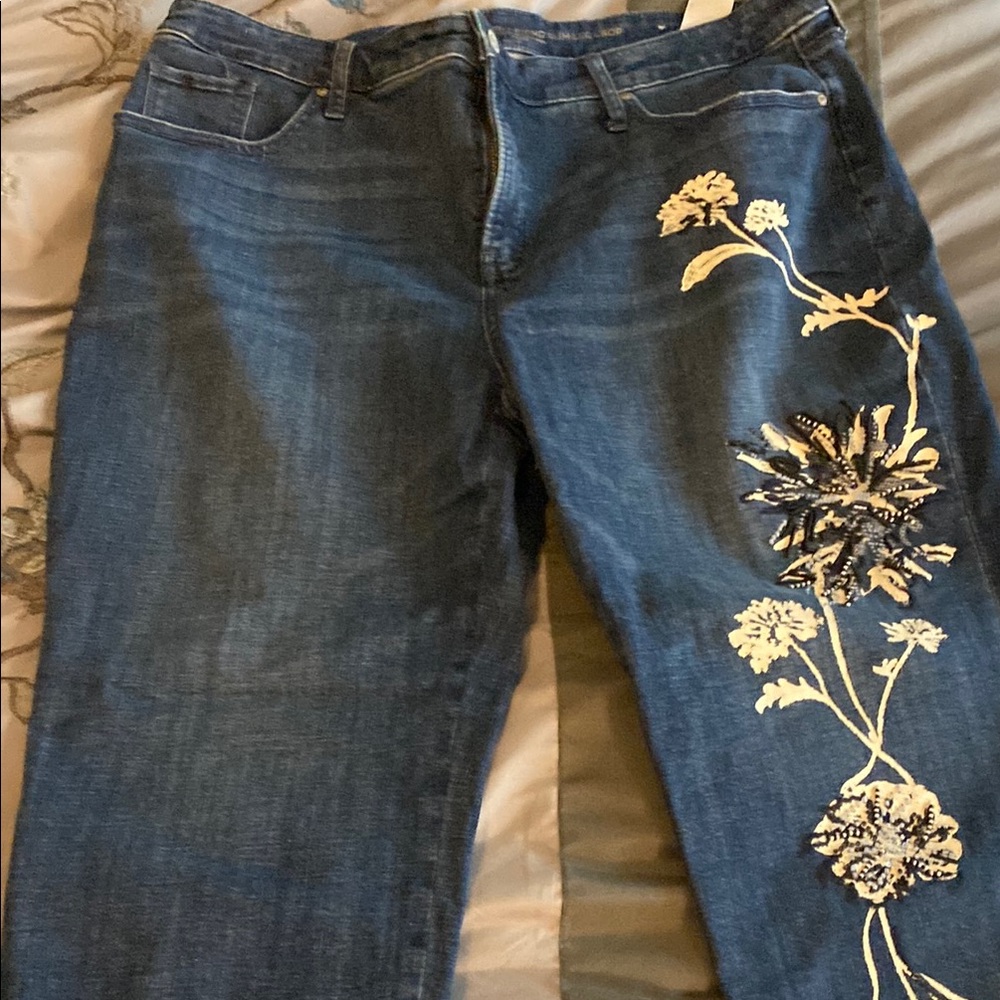 Chico's Blue Straight Leg Jeans with Floral Embroidery